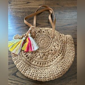 Tan Woven Tote Bag with Colorful Tassels